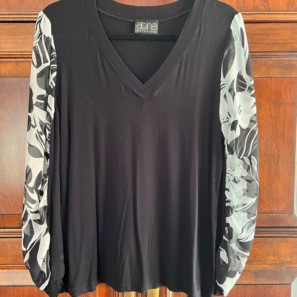 Atina Cristina - Women's Jersey KnitB Top with Sheer Sleeves - Large